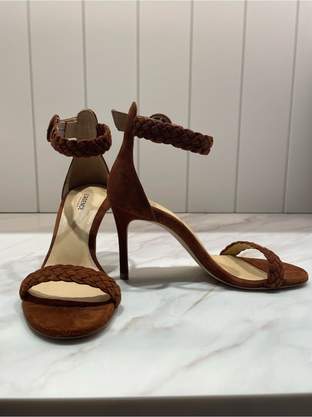L'agence Brown Braided Suede Ankle-Strap Heels